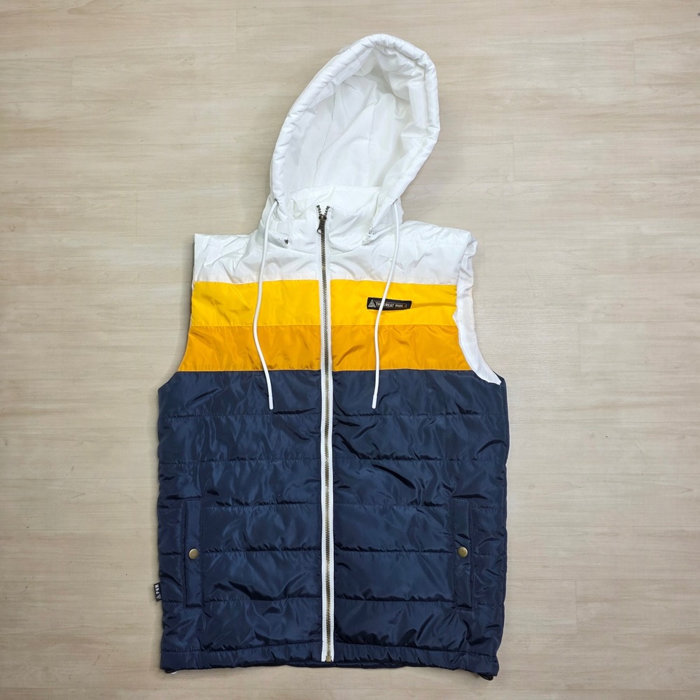The Great PNW Mens Colorblock Hooded Puffer Vest Navy Yellow White Small